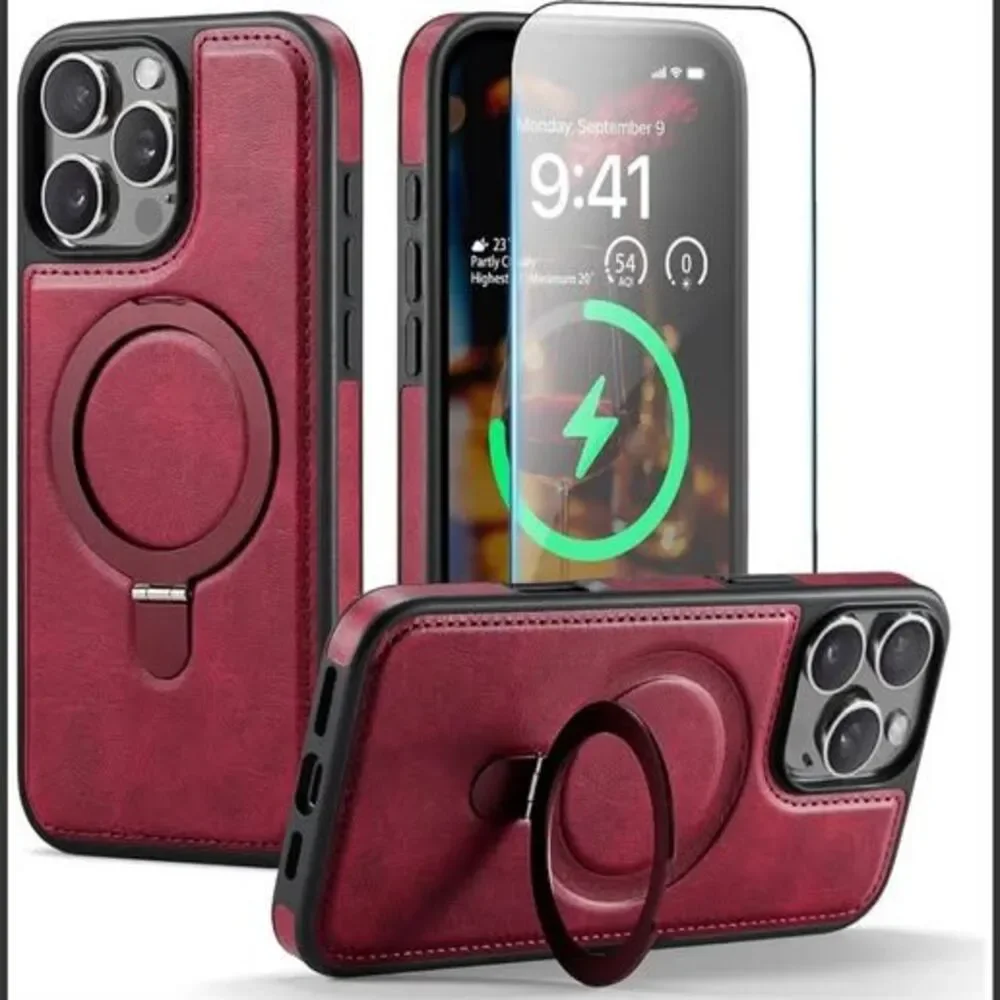 Red Leather MagSafe Case with Built-in Ring Stand for iPhone 16 Pro Case Stand